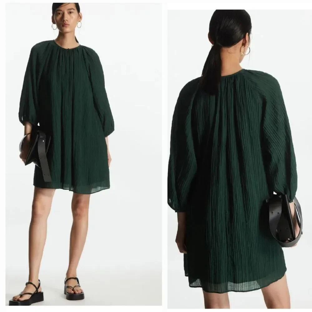 COS Teal Green Crinkled Shift Dress 3/4 Balloon Sleeves Size 6 - Picture 1 of 9